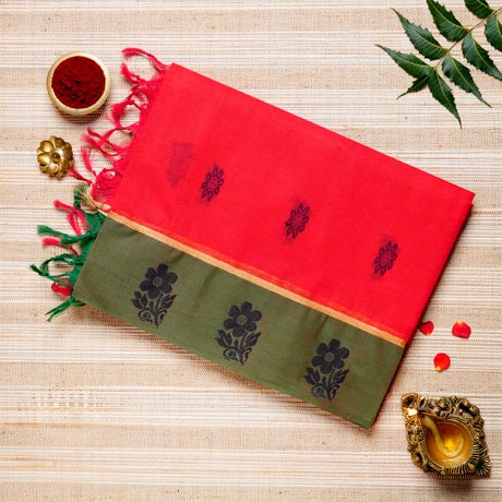  Scarlet Red, Olive Green Cotton Energized Saree
