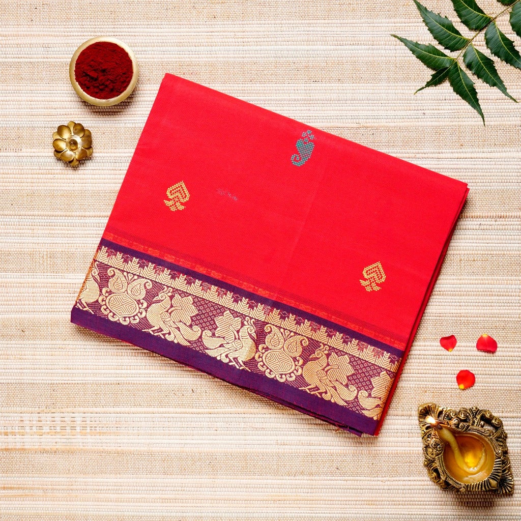 Scarlet Red & Purple Cotton Energized  Saree