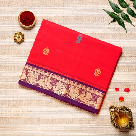 Scarlet Red & Purple Cotton Energized  Saree