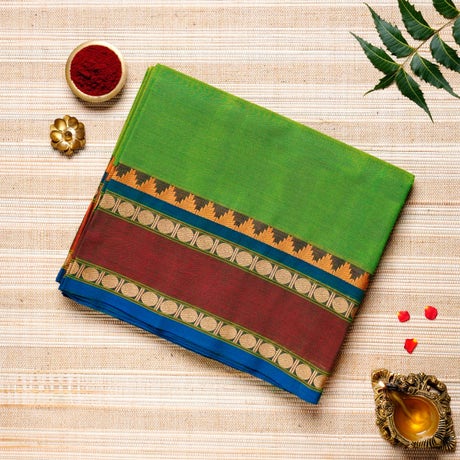 Lime Green, Brown, Blue & Gold Cotton Energized Saree