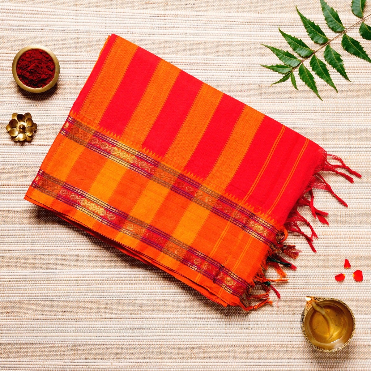  Red, Orange & Grey Cotton Energized Saree