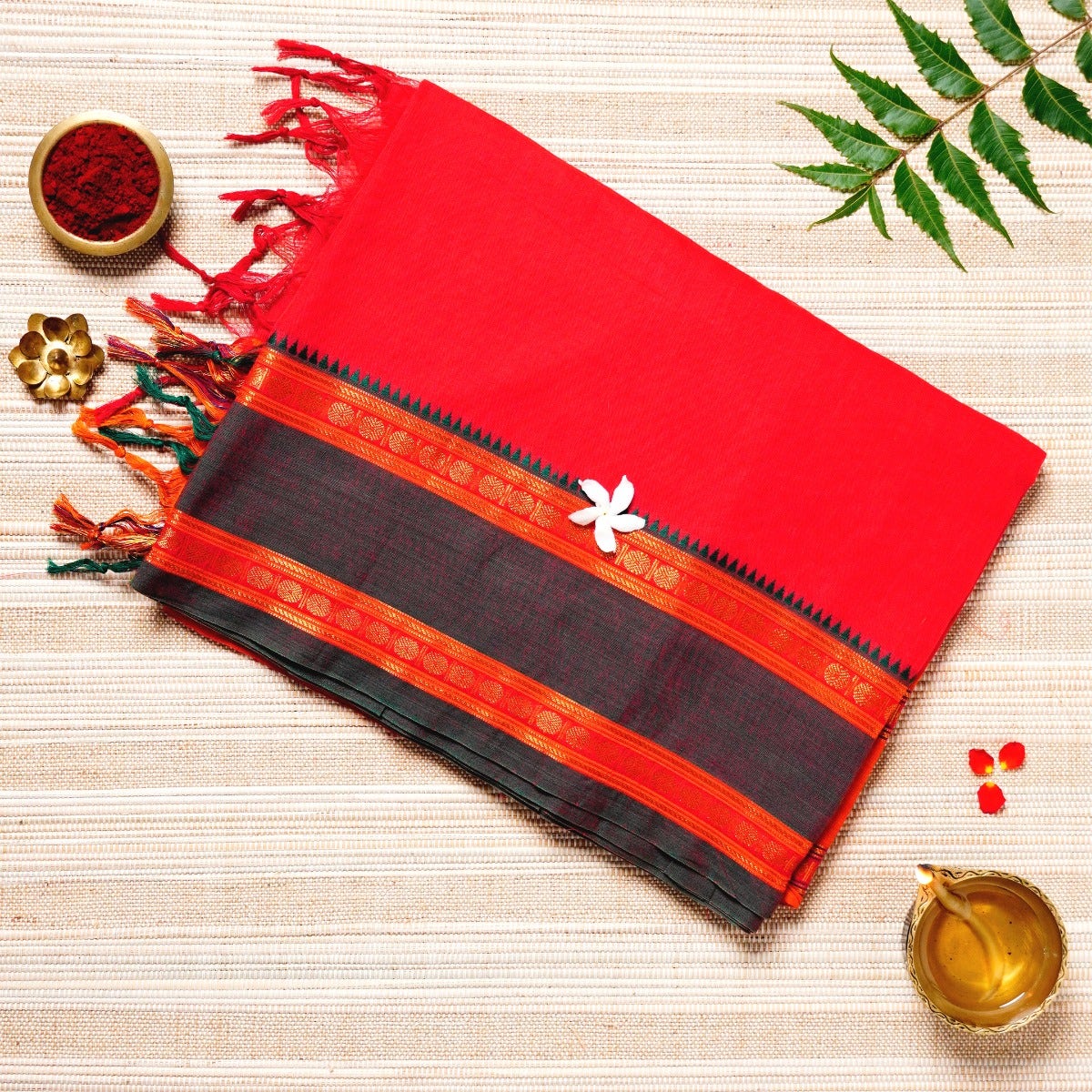  Red, Orange & Grey Cotton Energized Saree
