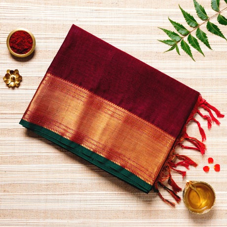Maroon, Bottle Green & Gold Cotton Energized Saree