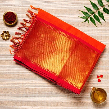 Orange, Red & Gold Cotton Energized Saree
