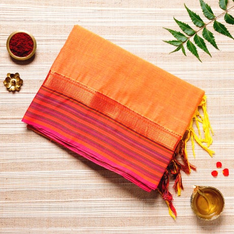 Gold, Pink, Orange & Lime Green Cotton Energized Saree