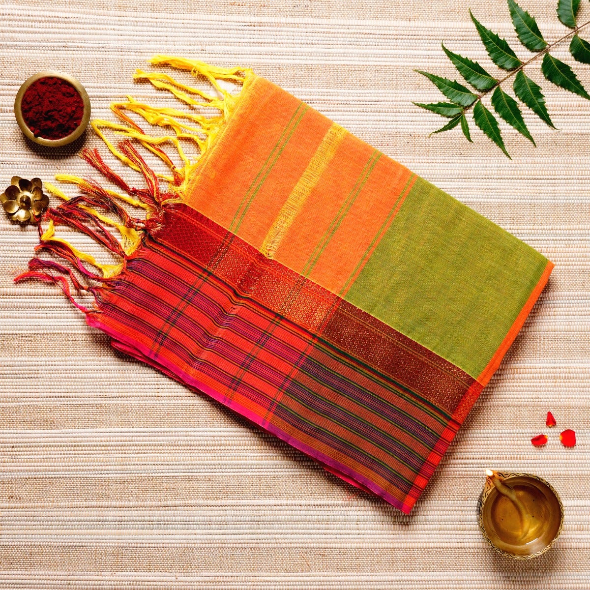 Gold, Pink, Orange & Lime Green Cotton Energized Saree