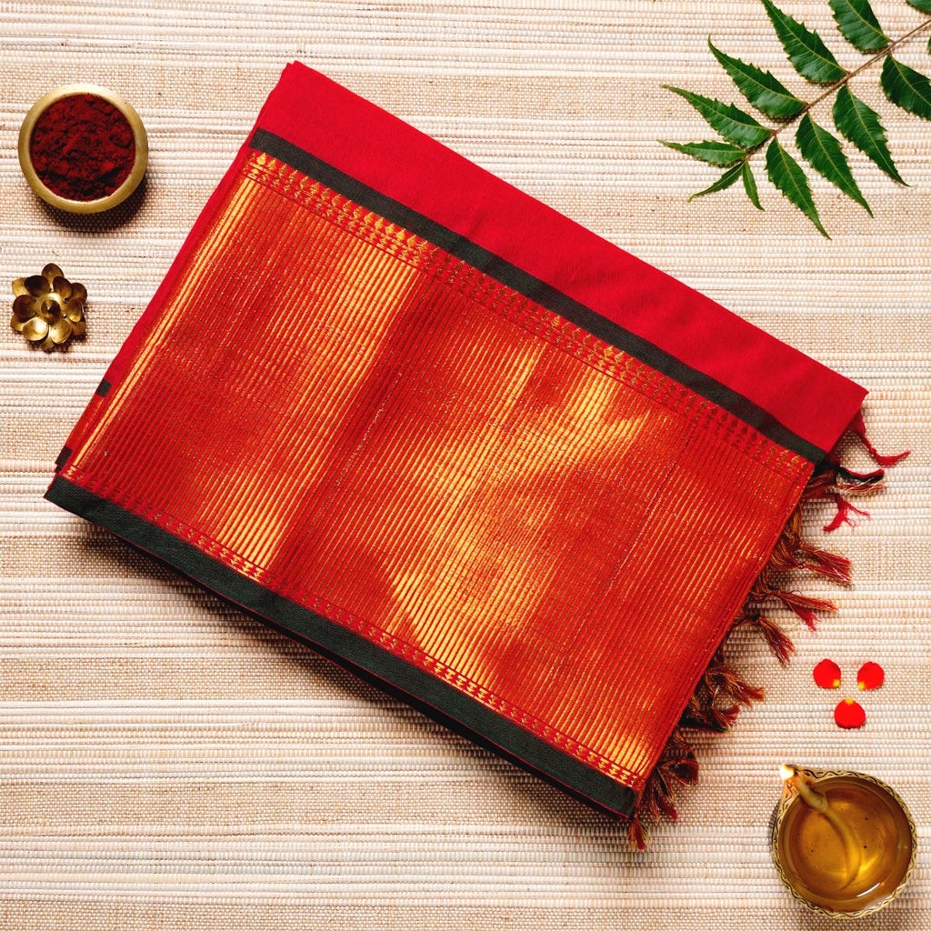 Scarlet Red, Gold & Black Cotton Energized Saree