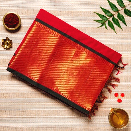 Scarlet Red, Gold & Black Cotton Energized Saree
