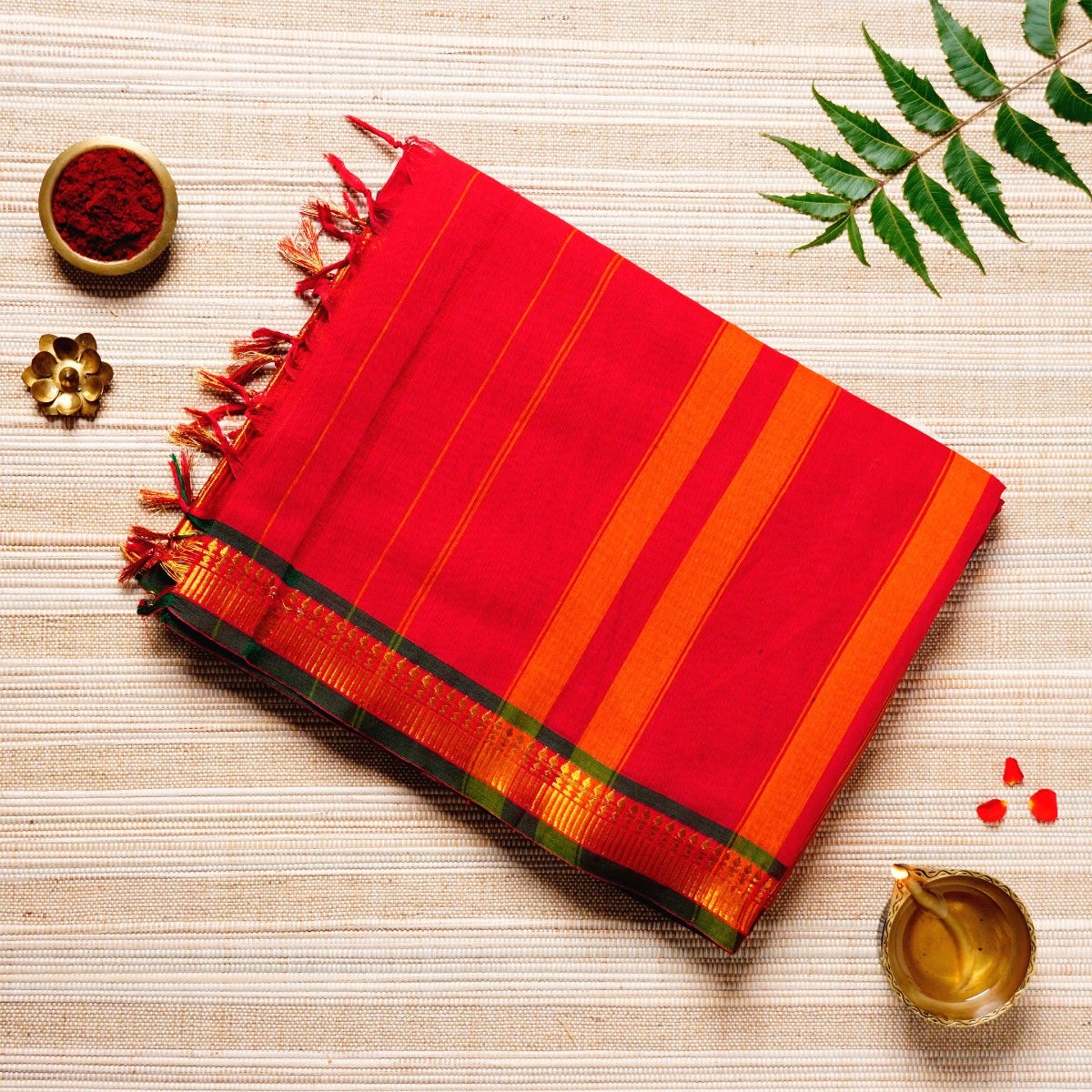 Scarlet Red, Gold & Black Cotton Energized Saree