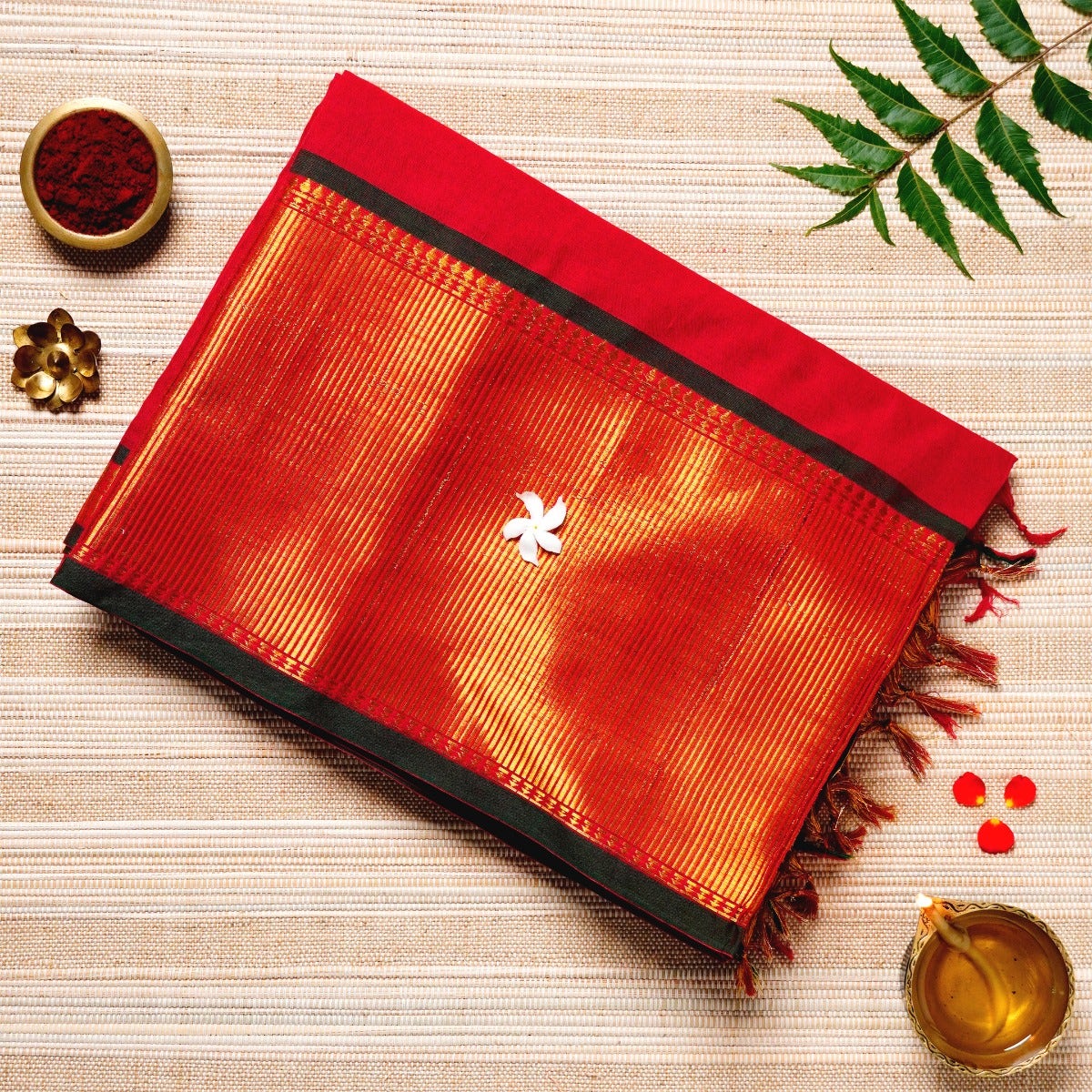 Scarlet Red, Gold & Black Cotton Energized Saree