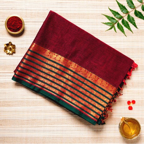 Maroon, Bottle Green & Gold Cotton Energized Saree