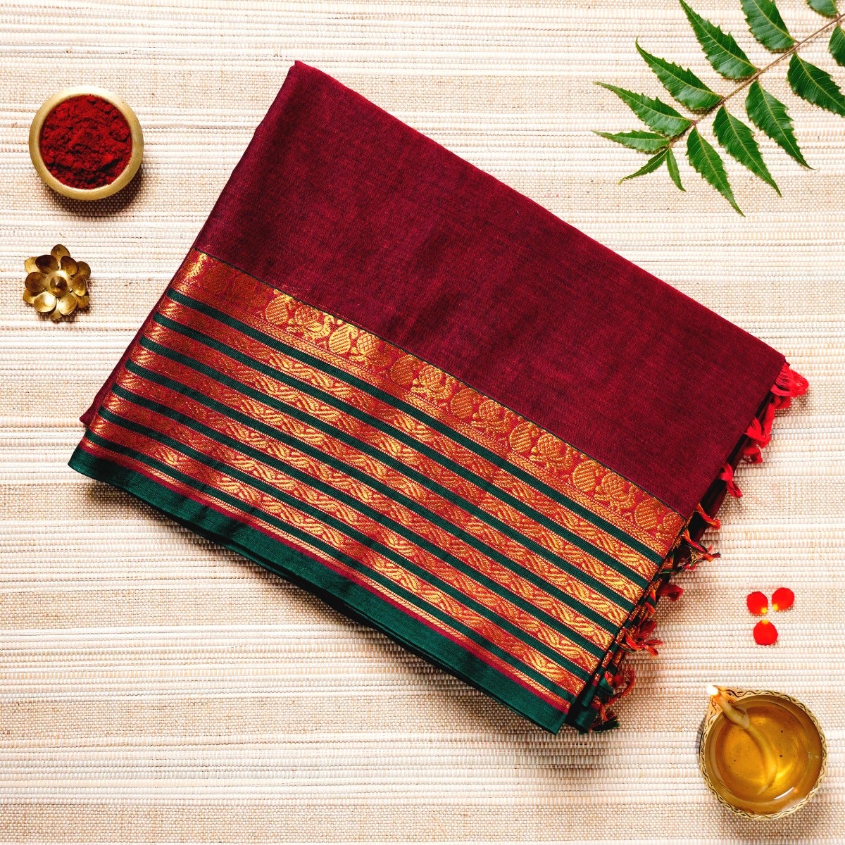 Maroon, Bottle Green & Gold Cotton Energized Saree