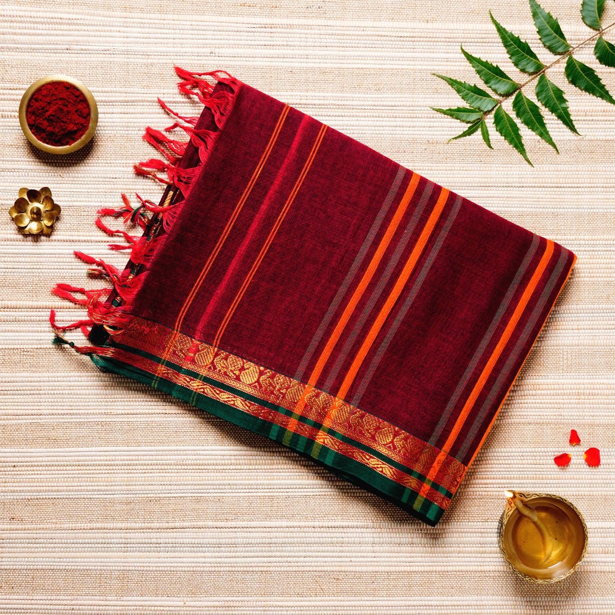 Maroon, Bottle Green & Gold Cotton Energized Saree