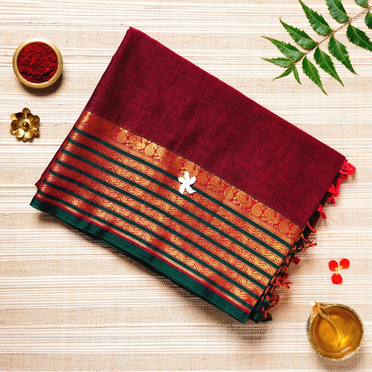 Maroon, Bottle Green & Gold Cotton Energized Saree