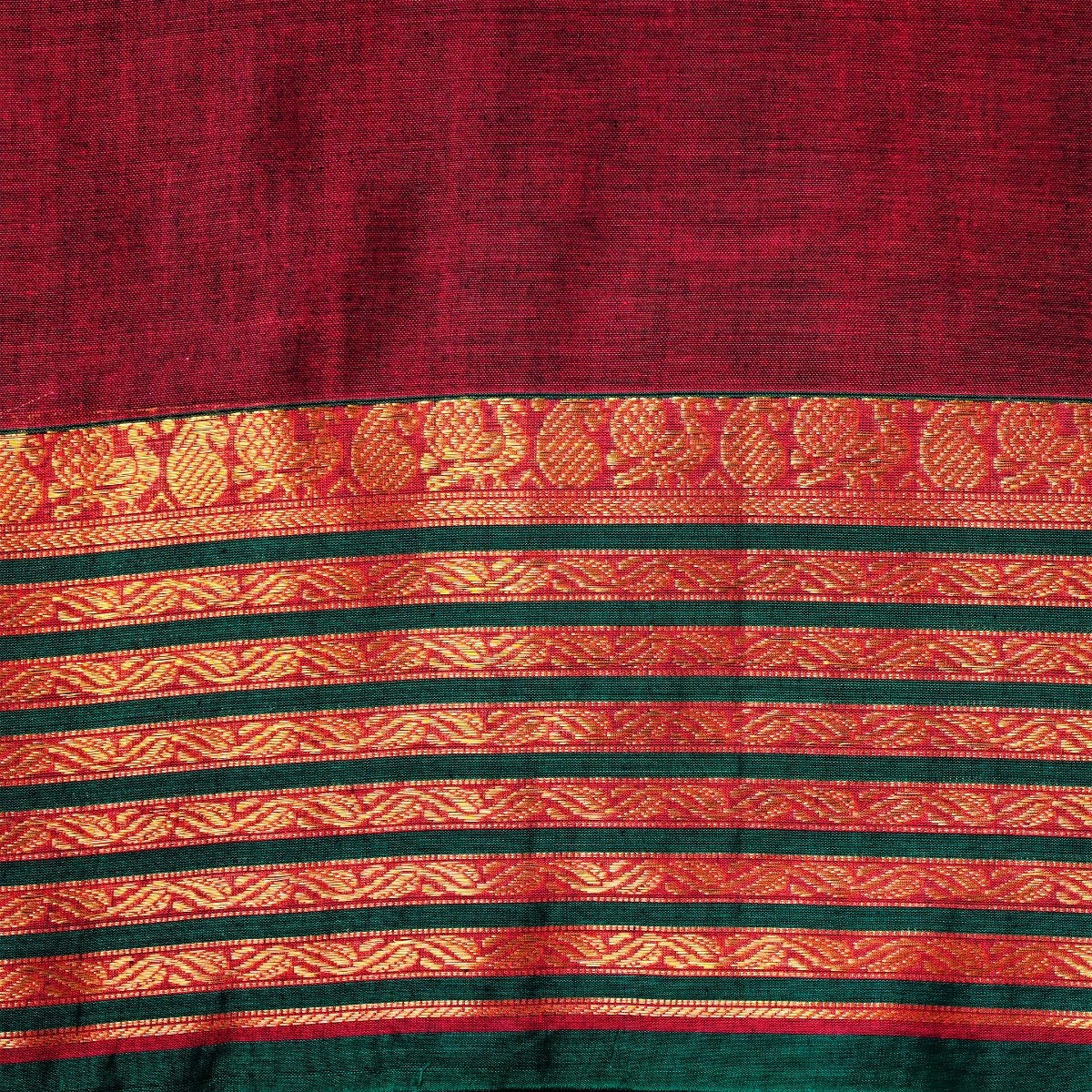 Maroon, Bottle Green & Gold Cotton Energized Saree