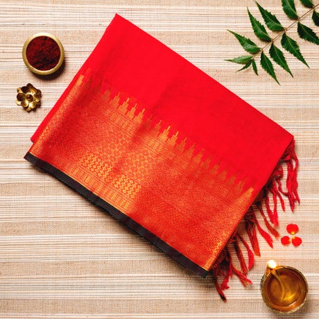 Fiery Red & Gold Cotton Energized Saree