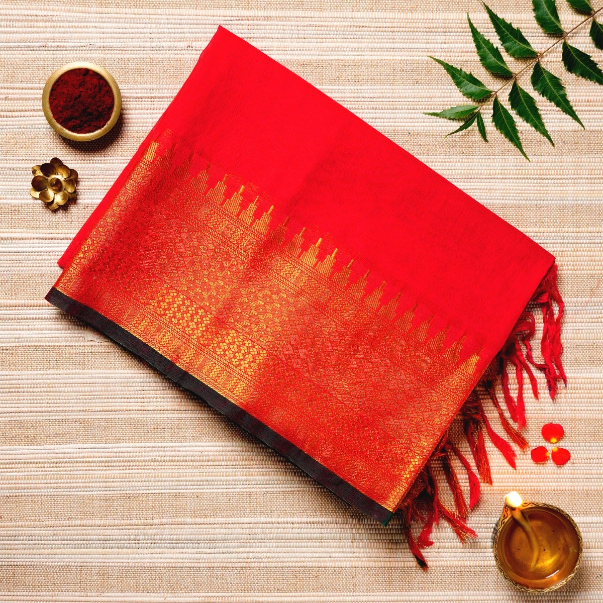 Fiery Red & Gold Cotton Energized Saree