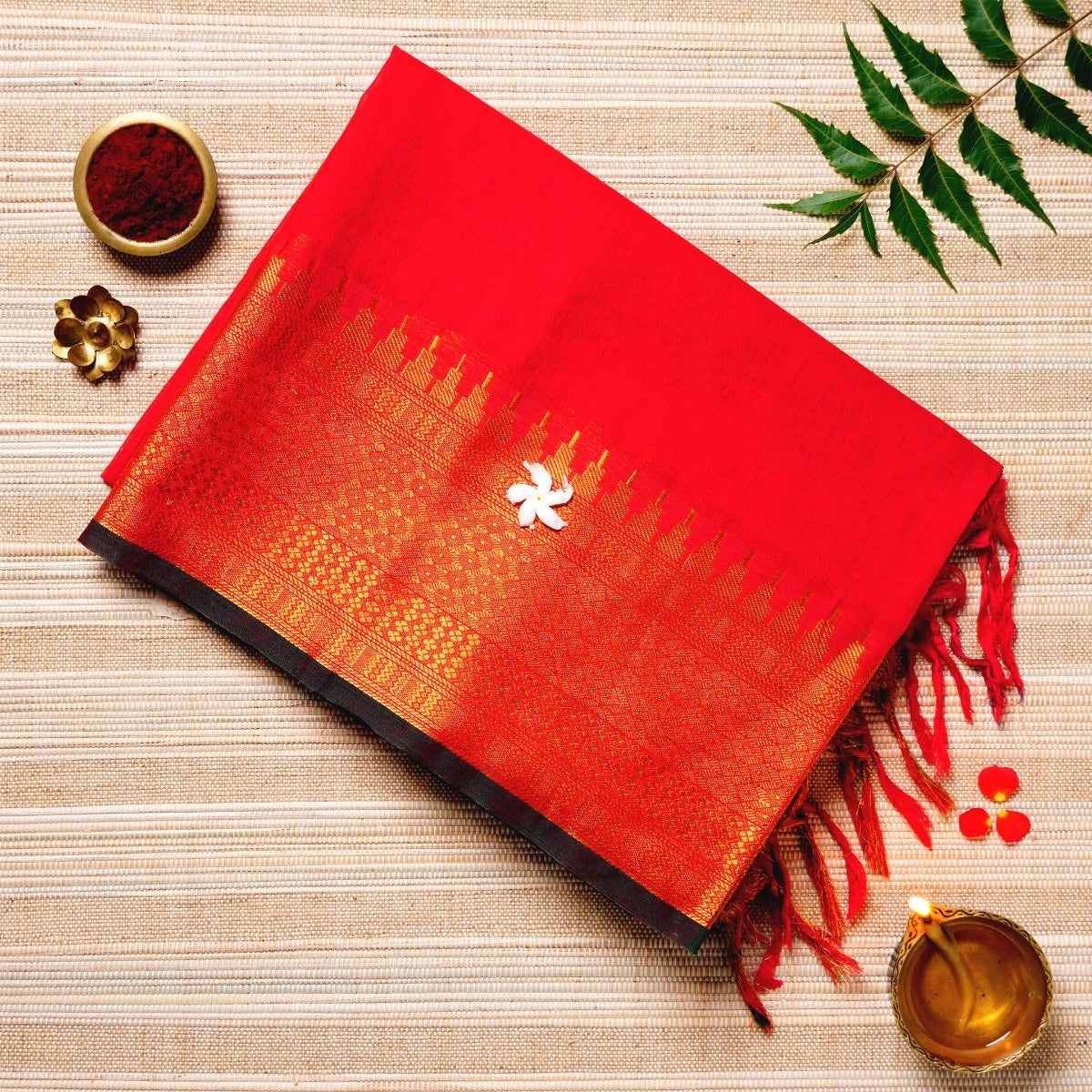 Fiery Red & Gold Cotton Energized Saree