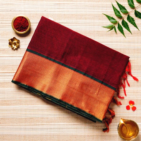 Sangria Red, Deep Green, & Copper Cotton Energized Saree
