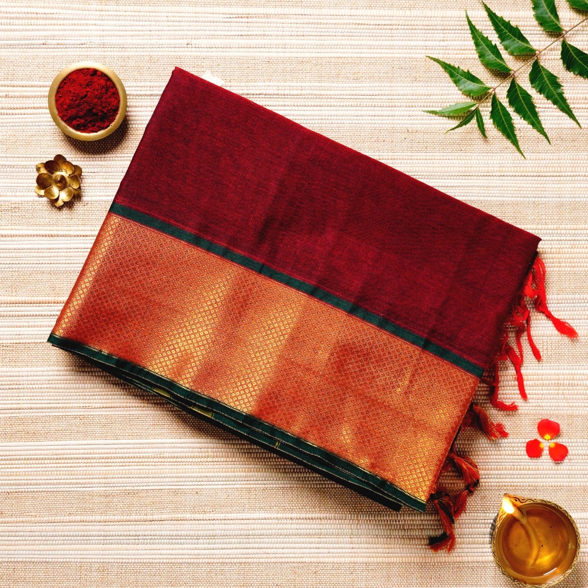 Sangria Red, Deep Green, & Copper Cotton Energized Saree