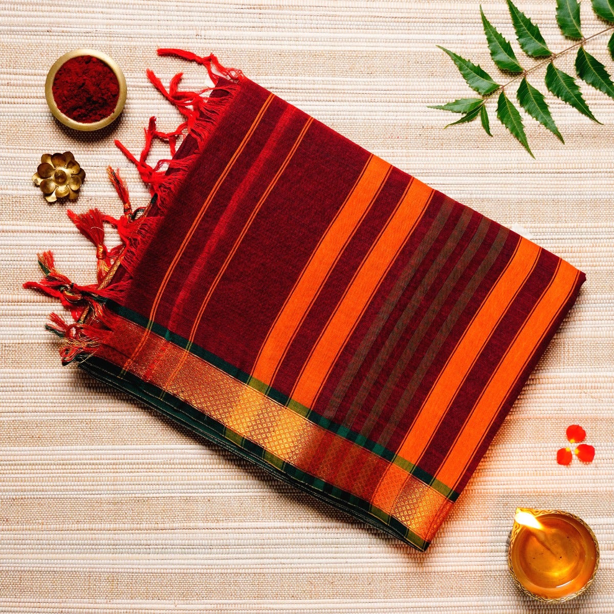 Sangria Red, Deep Green, & Copper Cotton Energized Saree