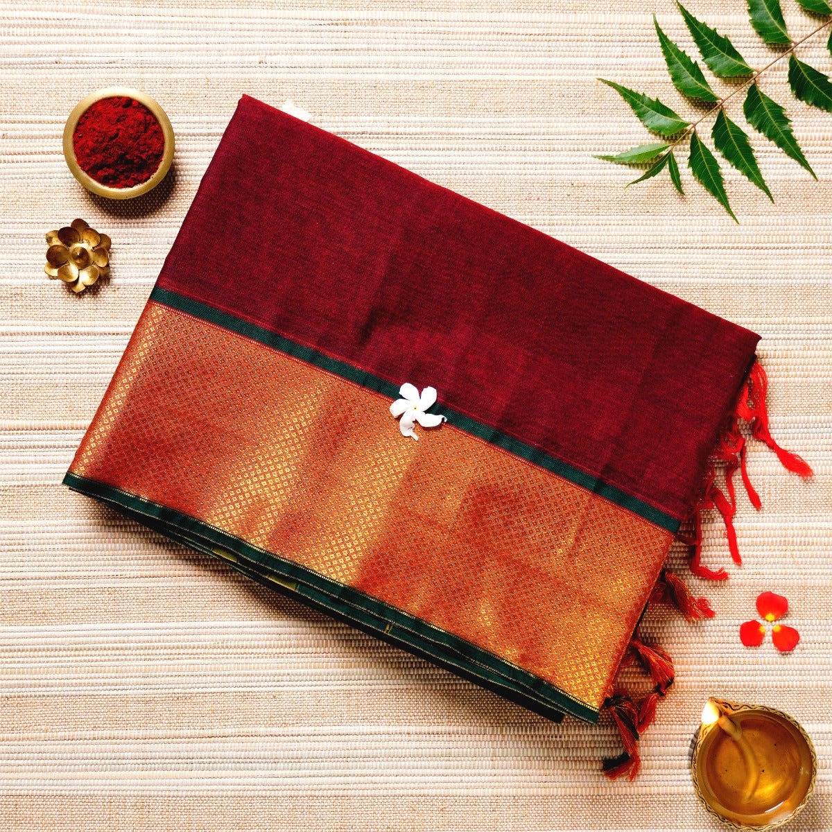 Sangria Red, Deep Green, & Copper Cotton Energized Saree