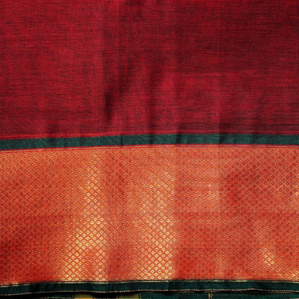 Sangria Red, Deep Green, & Copper Cotton Energized Saree