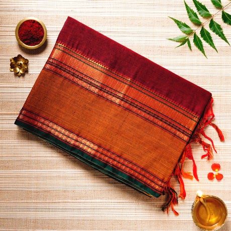 Sangria Red, Gold, & Deep Green Cotton Energized Saree