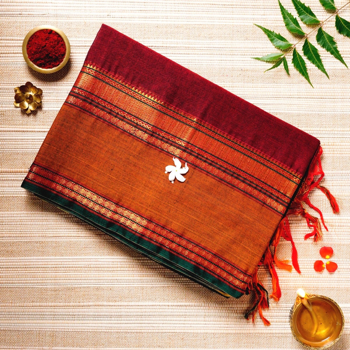 Sangria Red, Gold, & Deep Green Cotton Energized Saree