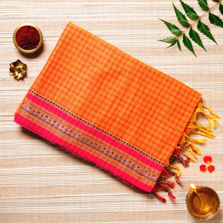 Pumpkin Orange, Yellow, & Red Cotton Energized Saree