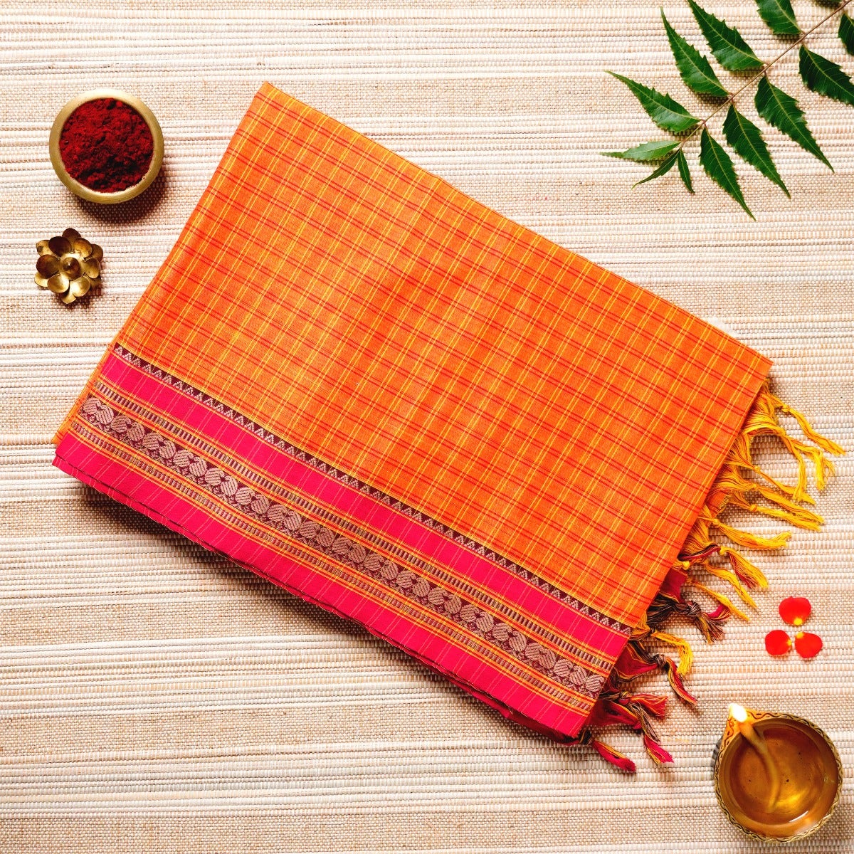 Pumpkin Orange, Yellow, & Red Cotton Energized Saree