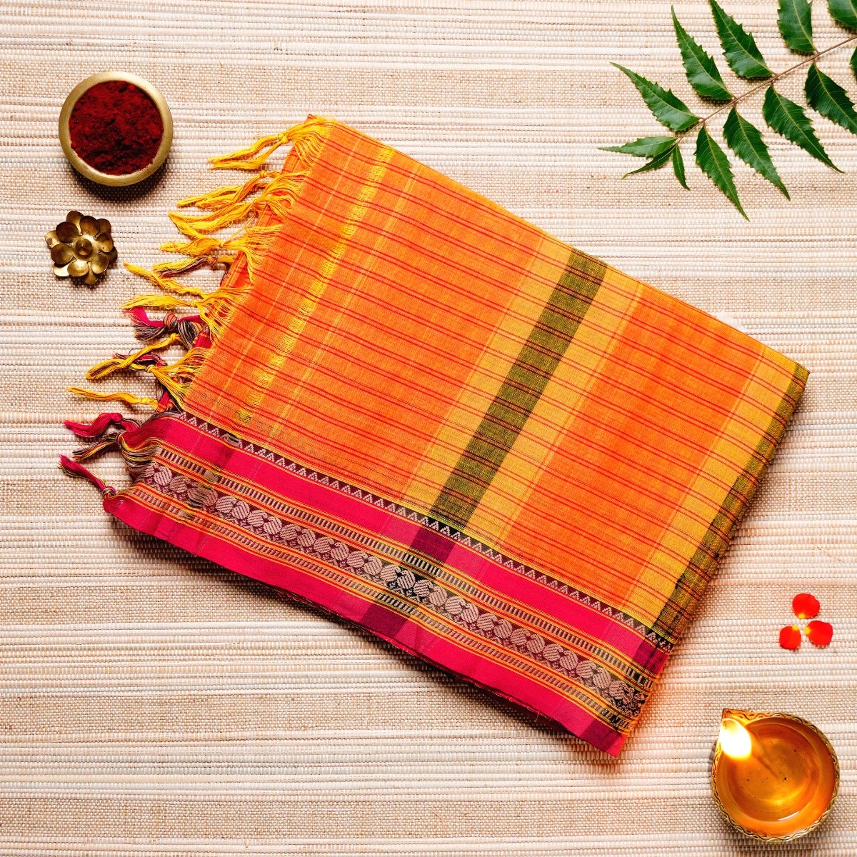 Pumpkin Orange, Yellow, & Red Cotton Energized Saree