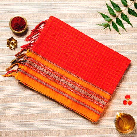  Scarlet Red, Pumpkin Orange, & Yellow Cotton Energized Saree