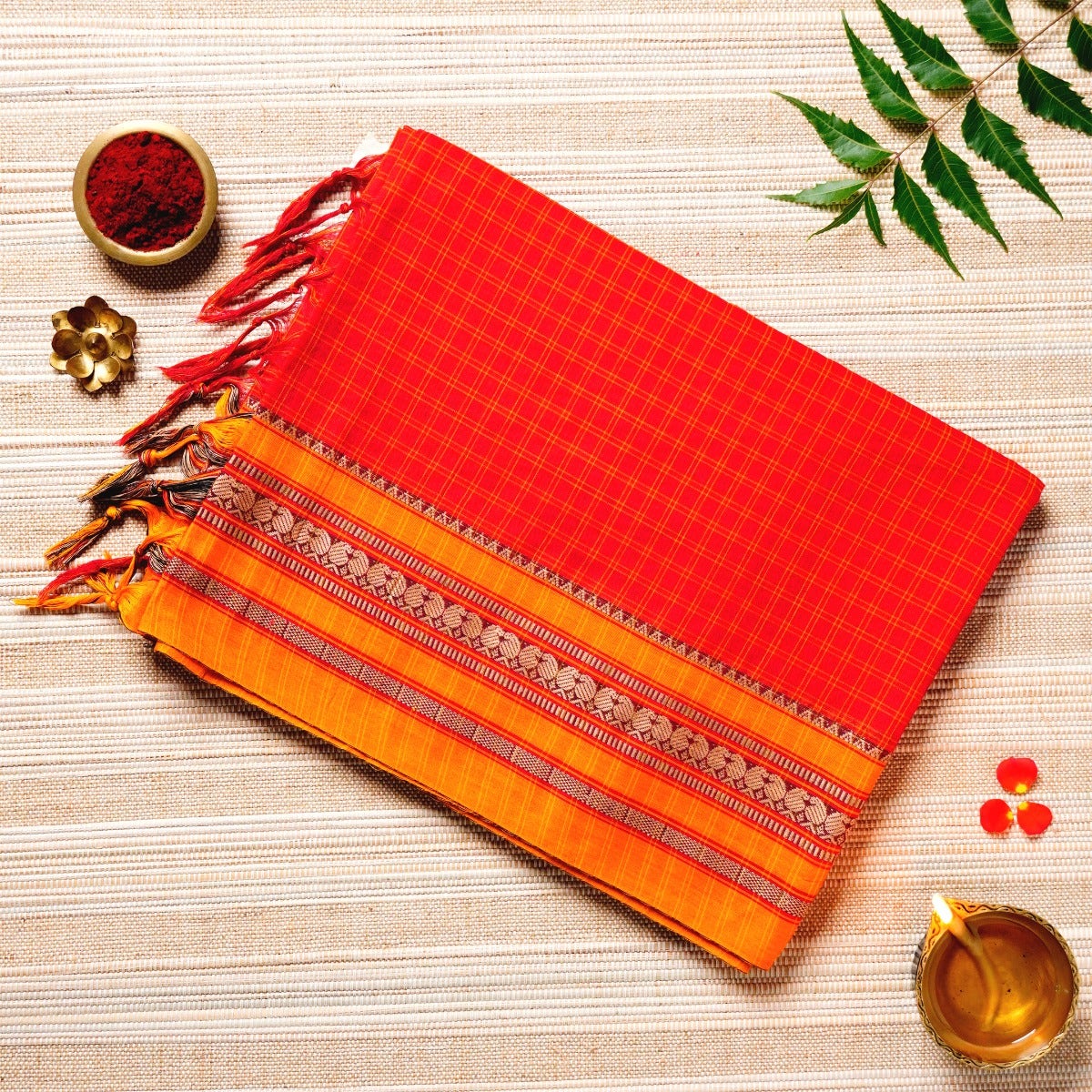  Scarlet Red, Pumpkin Orange, & Yellow Cotton Energized Saree