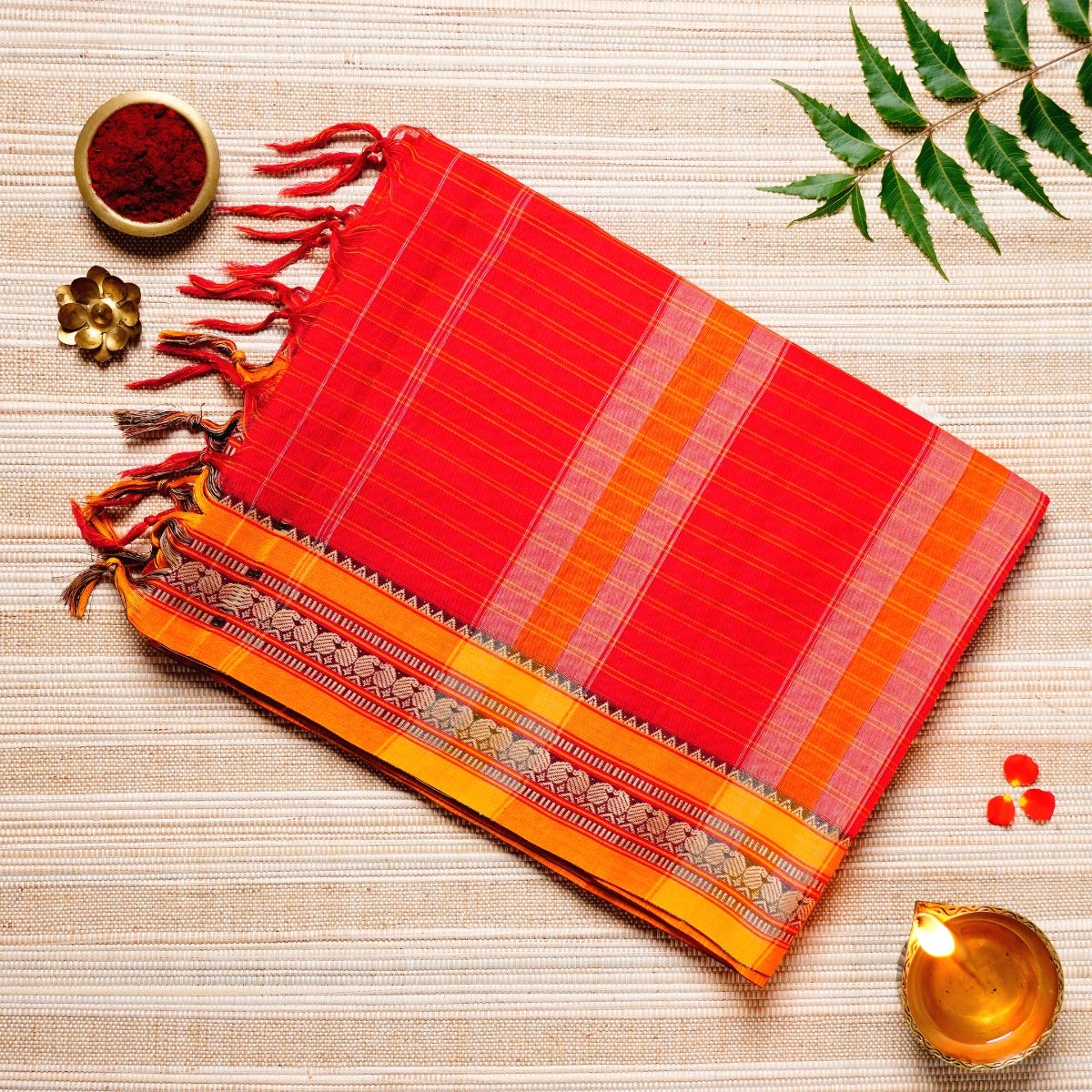  Scarlet Red, Pumpkin Orange, & Yellow Cotton Energized Saree