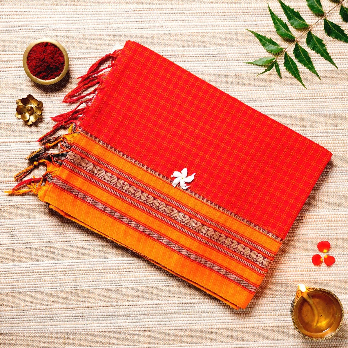  Scarlet Red, Pumpkin Orange, & Yellow Cotton Energized Saree