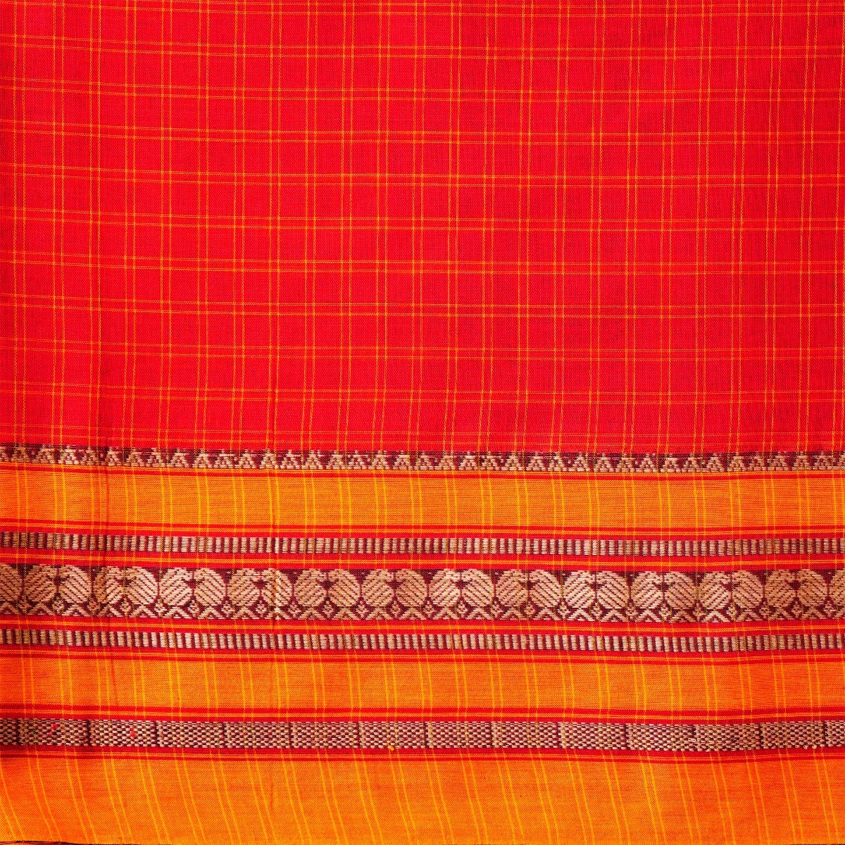  Scarlet Red, Pumpkin Orange, & Yellow Cotton Energized Saree