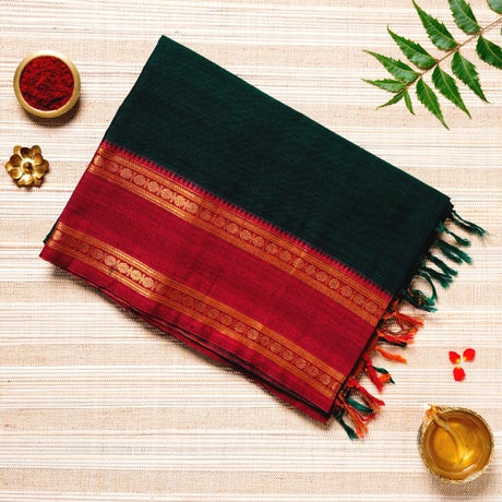 Dark Green, Red & Gold Cotton Energized Saree