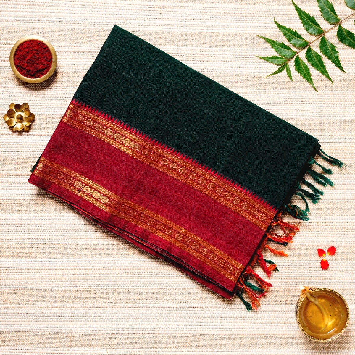 Dark Green, Red & Gold Cotton Energized Saree