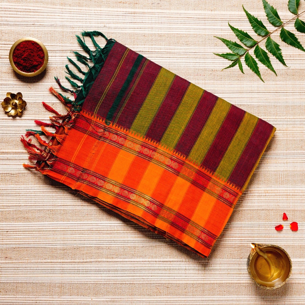 Dark Green, Red & Gold Cotton Energized Saree
