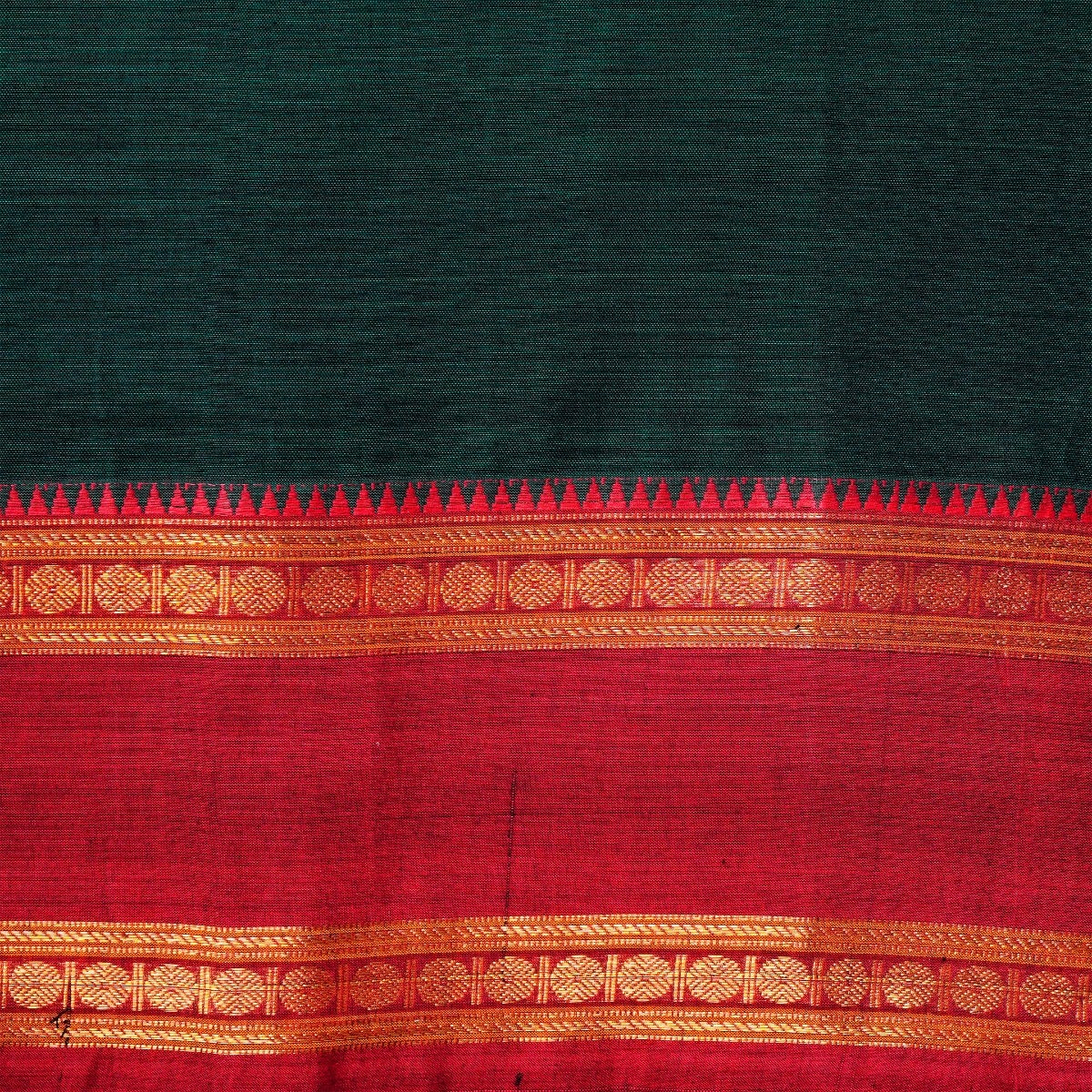 Dark Green, Red & Gold Cotton Energized Saree