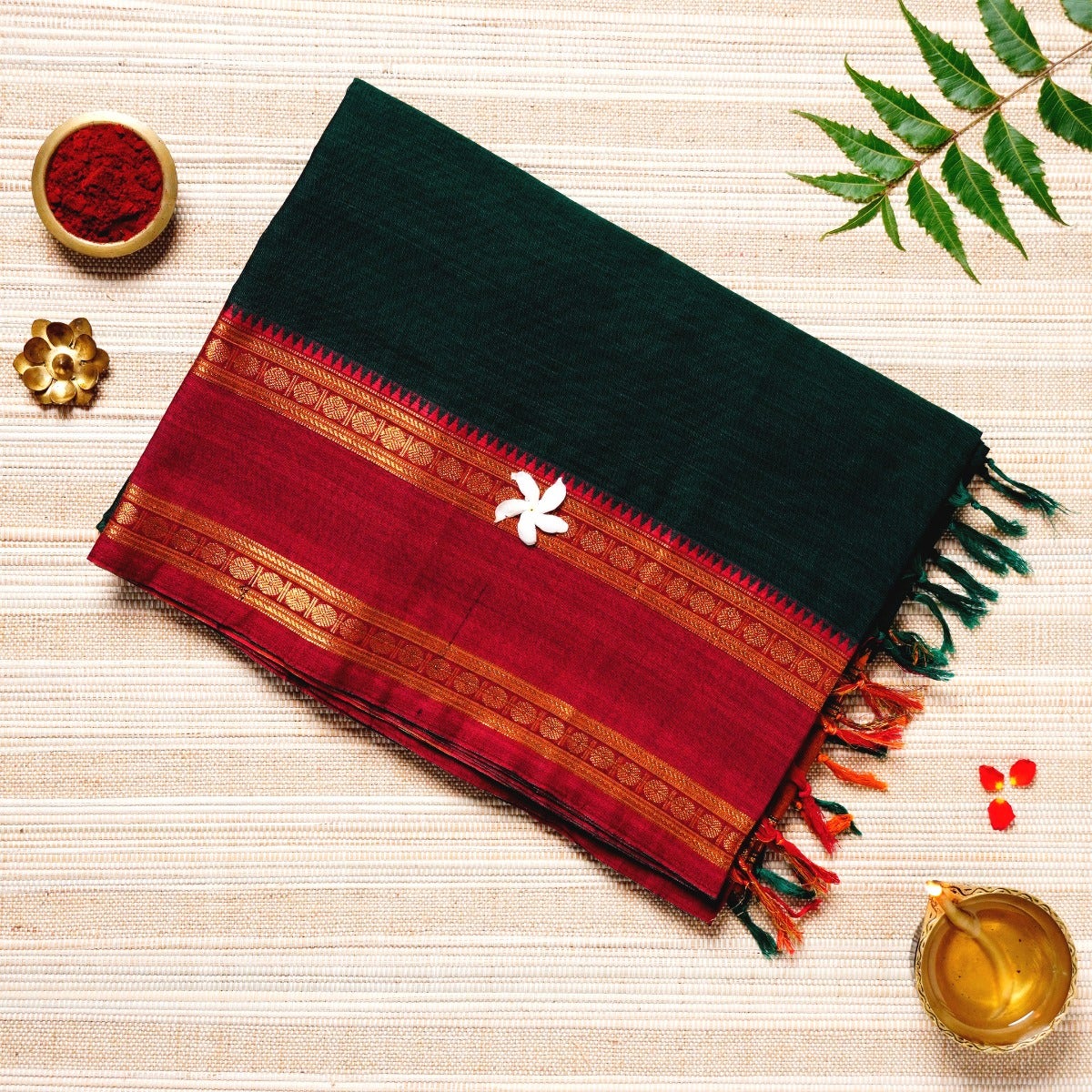 Dark Green, Red & Gold Cotton Energized Saree