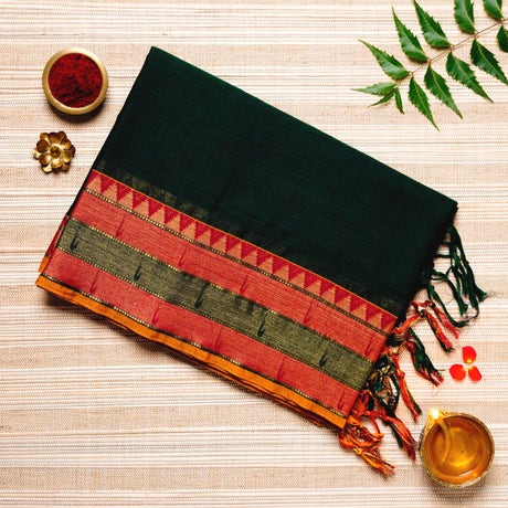  Midnight Green, Red, and Yellow Cotton Energized Saree