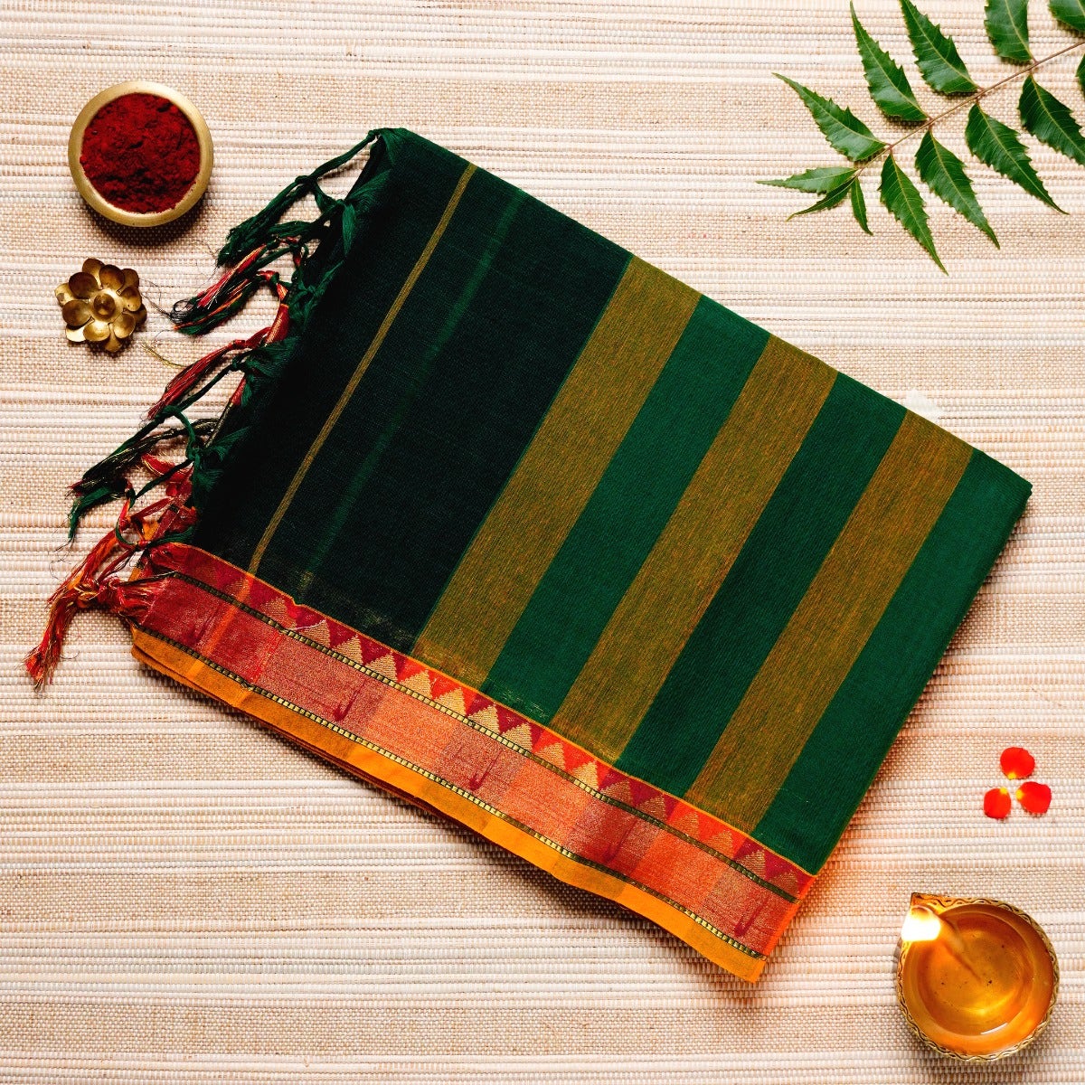  Midnight Green, Red, and Yellow Cotton Energized Saree