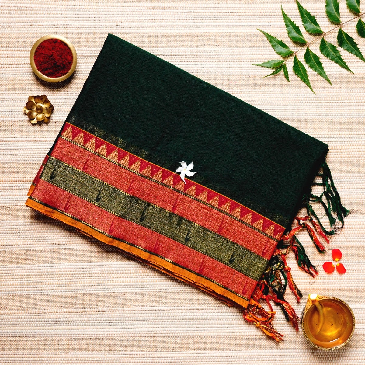  Midnight Green, Red, and Yellow Cotton Energized Saree