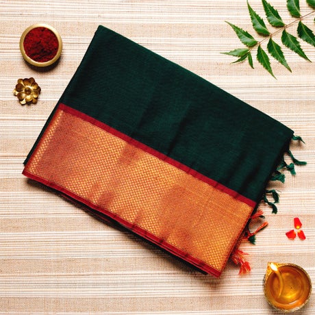 Midnight Green, Red, and Yellow Cotton Energized Saree