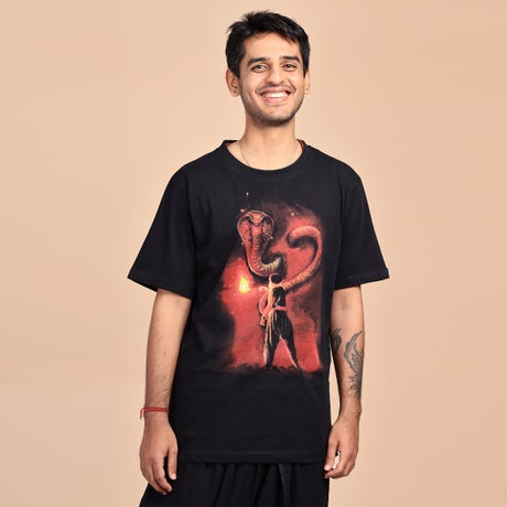 The Sacred Serpent (Naga) - Washed Cotton T Shirt - Black