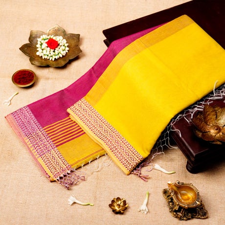 Sunshine Yellow & Rose Red Silk Cotton Devi-Energised Saree