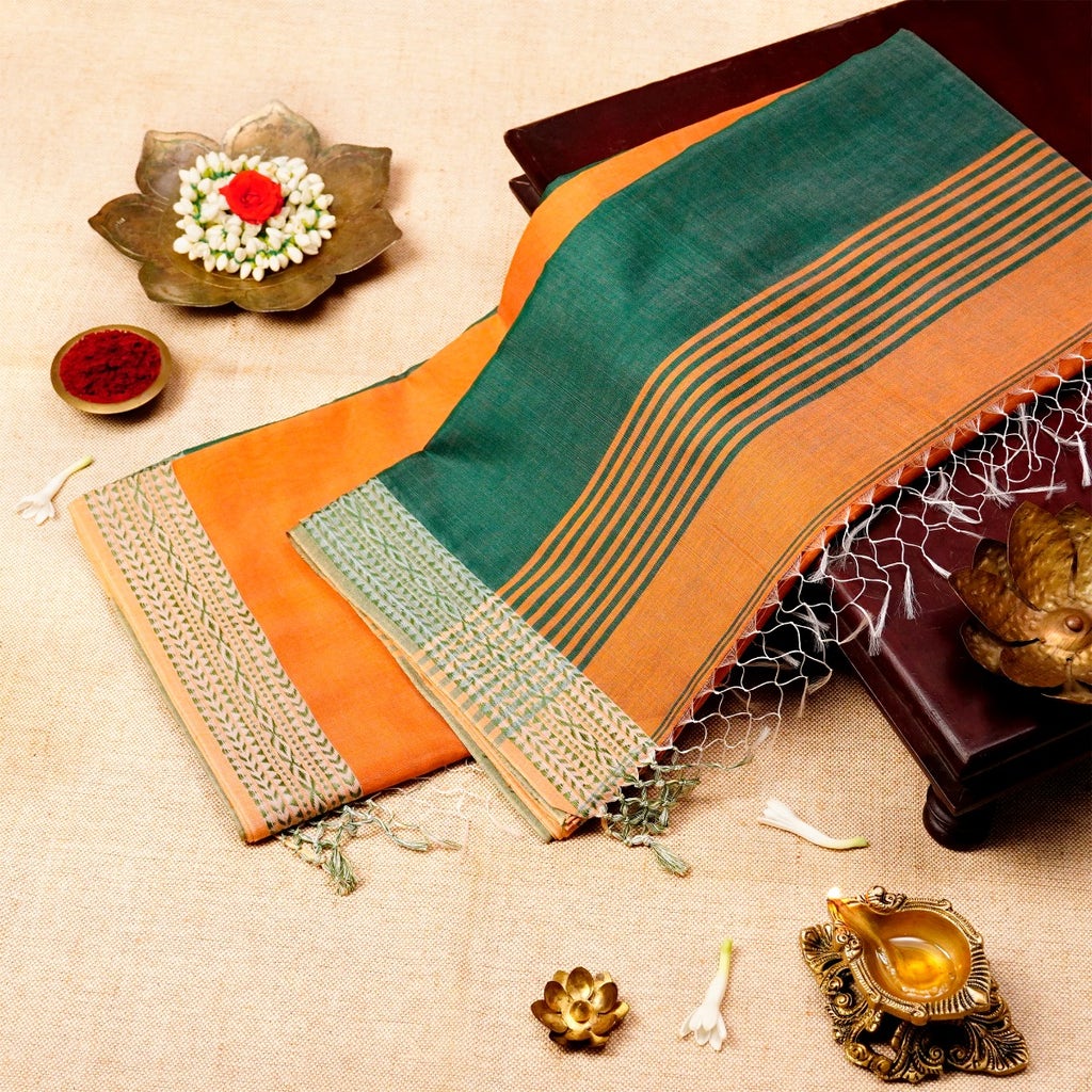 Tangerine Orange & Bottle Green Silk Cotton Devi-Energized Saree