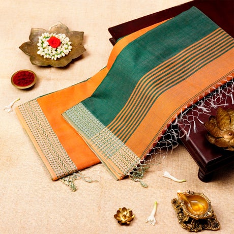 Tangerine Orange & Bottle Green Silk Cotton Devi-Energized Saree